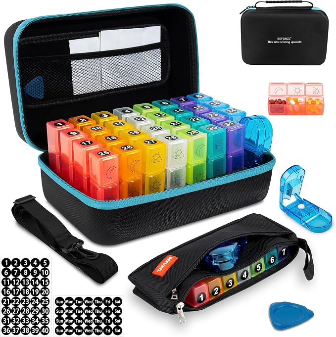 Monthly Pill Organizer, Medicine Organizer Box with Portable Hard Shell and Pill Cutter, 31 Day Pill Holder with Weekly Pill Bag (Blue, 3 Times a Day)