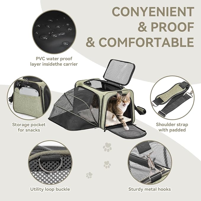 Petsfit Small Expandable Cat Carrier for Air Travel, Up to 9 lb | 16 x 10 x 9 in; sized for Alaska Airlines, with locking zippers, an interior safety tether and multi-side ventilation.