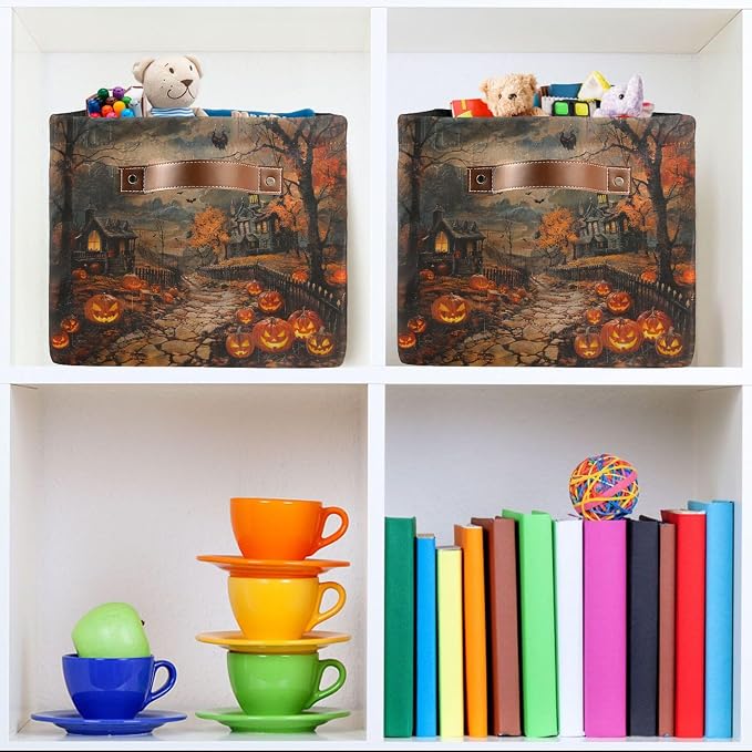 Wamika Halloween Castle Storage Basket with Waterproof Liner and PU Handles Spooky Pumpkin Lantern Storage Bins Boxes 14.2" Collapsible Decorative Organizer Baskets for Bedroom Closet Office 1 Pack