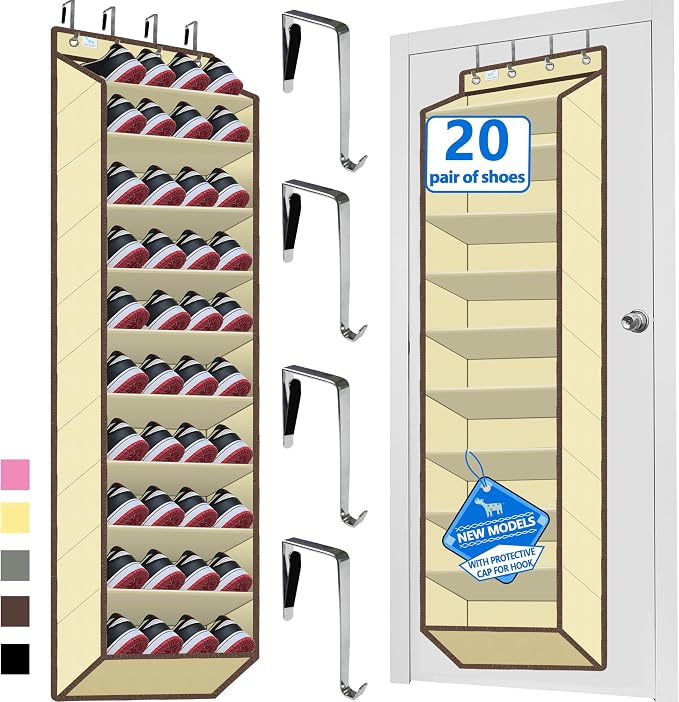 10 Tiers Shoe Organizer for Closet, 20 to 30 Pairs Shoe Rack Door | Extra Deep Pockets Over the Door Shoe Organizer for Dorm and Back Door, Heavy Duty Anti-Scrath Hanging Hooks Shoe Storage