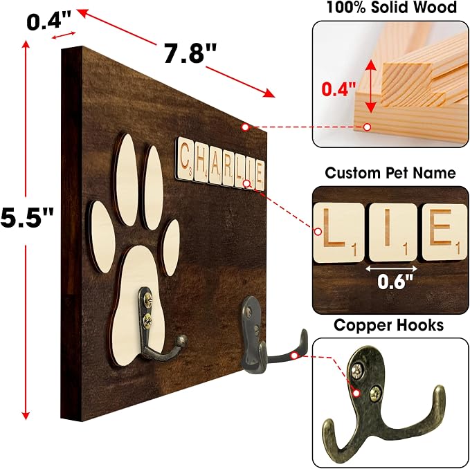 2 Pack Dog Leash Holder Wall Mount, Pet Harness Hanger with Scrabble Letters, Dog Collar Organizer for Entryway, Cat Leash Holder for Wall, Pet Loss Gifts, Keepsake, Home Decor PF218-CBW