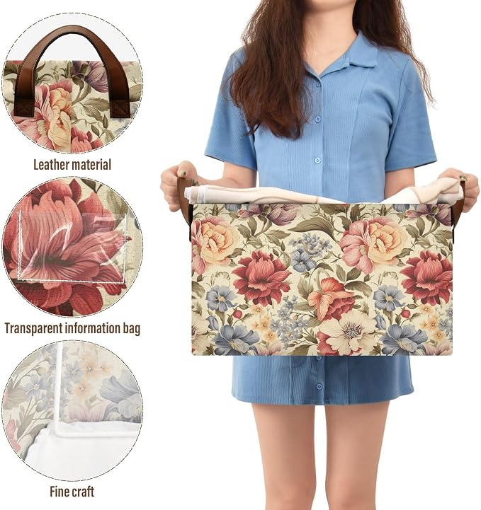 Vintage Peony Flower Retro Floral Storage Basket Foldable Cube Storage Bins with Handles&Label Collapsible Organizer Box Bin Rectangle Decorative Baskets for Shelves Home Living Room Closet, 2 Pack