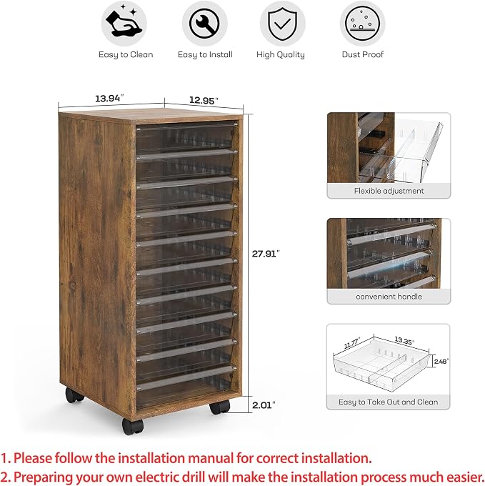 Storage Drawer Cart, Mobile Storage Cabinet, Makeup Storage with 10 Large Clear Drawers, Utility Wooden Rolling Cart on Wheels, for Cosmetic, Art Craft, Office Supplies, Toy, Brown