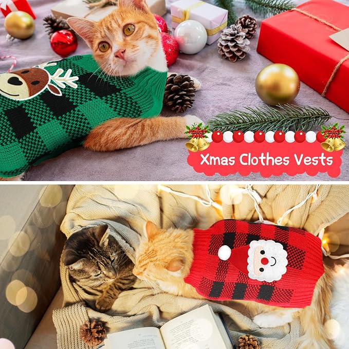 Sanwuta 3 Pack Dog Christmas Sweater Knitted Santa Reindeer Snowman,Medium | Festive Holiday Outfit, Turtleneck Knit Plaid Design, Winter Party Photo Props, Cozy Pet Costume for Small Dogs