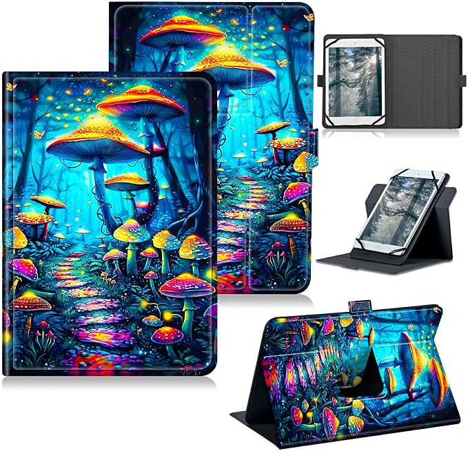 Universal Case for T-Mobile Revvl Tab 2 10.1" Model:9185W 2025/Revvl Tab 5G 10.36" 2023, 360 Degree Rotating Kickstand Protective Stand Shell Cover for 9"-10.5", Blue Forest Mushroom