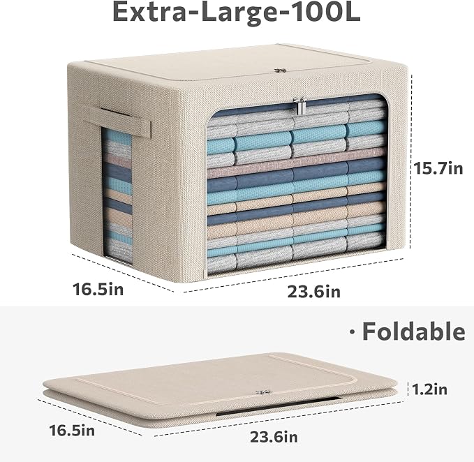 CYhom Extra Large Clothes Storage Bins - Linen Fabric Foldable Stackable Container Organizer Set with Clear Window & Carry Handles & Metal Frame - 2Pack Large Capacity for Bedding, Blankets, Books