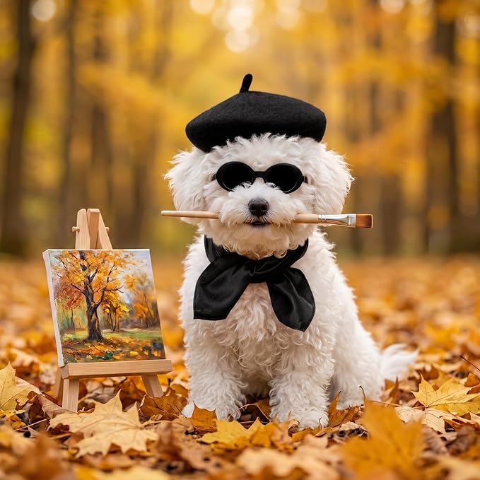Dog Beret Set Including Dog Beret Satin Scarf Funny Glasses Pet French Artist Beanie for Small Dogs Cats Halloween Christmas Cosplay Party (Black)