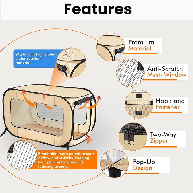 Portable Collapsible Pop Up Kennel, 36" L x 22" W x 22" H, Beige | Collapsible indoor/outdoor travel cat and dog crate with mesh screen windows pops up and folds flat for easy storage
