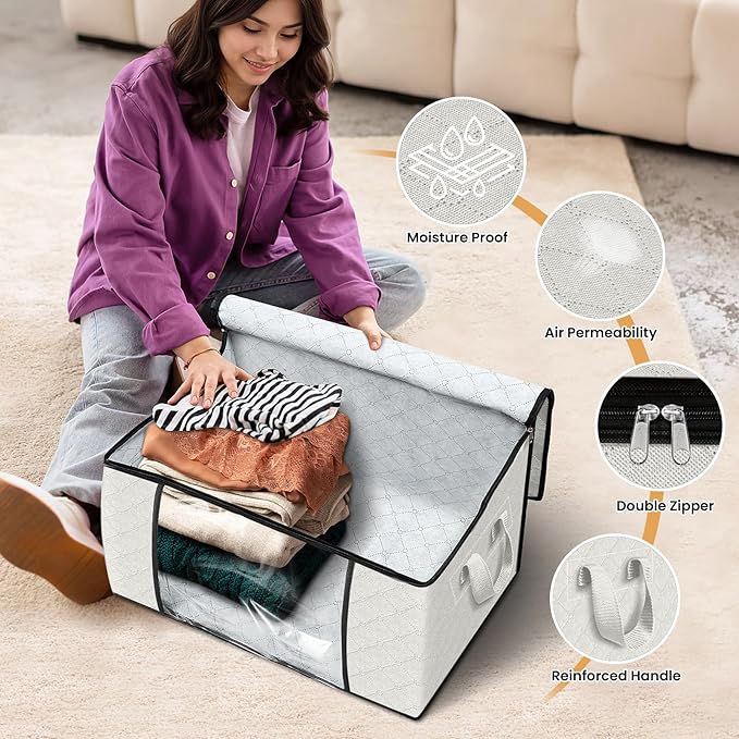 3 Pack Storage Bags for Clothes Blanket Storage Bins with Lids | Foldable Closet Organizers with Zippers,Window and Handles,Fabric Storage Bins for Sweater,Comforter,Bedding,Dorm essentials