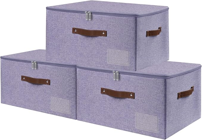 ANMINY Storage Box Fabric Bins with Zipper Lid, 17.7"x13.8"x10" Purple 3PCS | Keepsake Box, Decorative, Cotton Linen, Reinforced PP Board Frame, Washable, Stackable & Foldable, Label Holder & PU Handles
