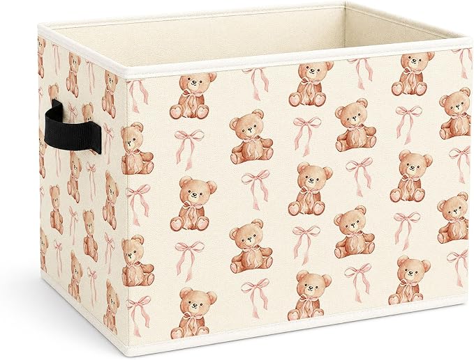 Pink Bow Teddy Bear Foldable Fabric Storage Bin | Pink bow teddy bear design; foldable fabric storage bin for girls room, nursery, playroom, toys, books, or clothes.