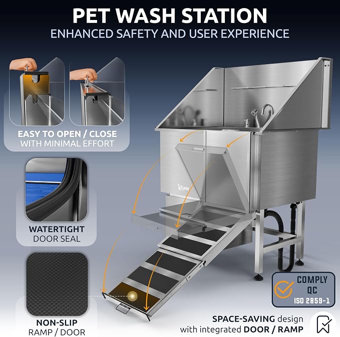 Professional Dog Washing Station 304 Stainless Steel Pet Wash Sink | Grooming Bathtub w/Shower, Floor Grates and Storage for Large, Medium & Small Pets