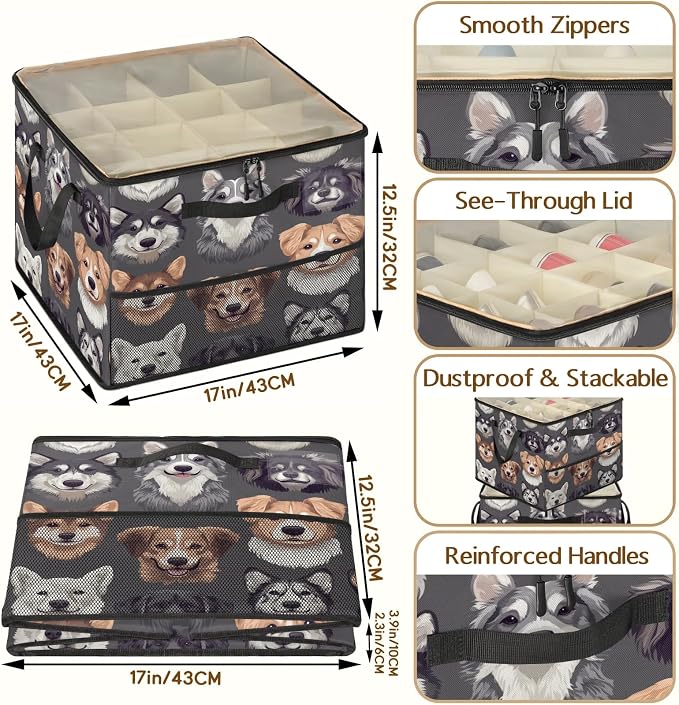 TropicalLife Cute Dog Faces Shoe Organizer for Closet | Foldable Shoe Storage Organizer Box Bin with Adjustable Dividers and Clear Cover, Fits up to 16-32 Pairs