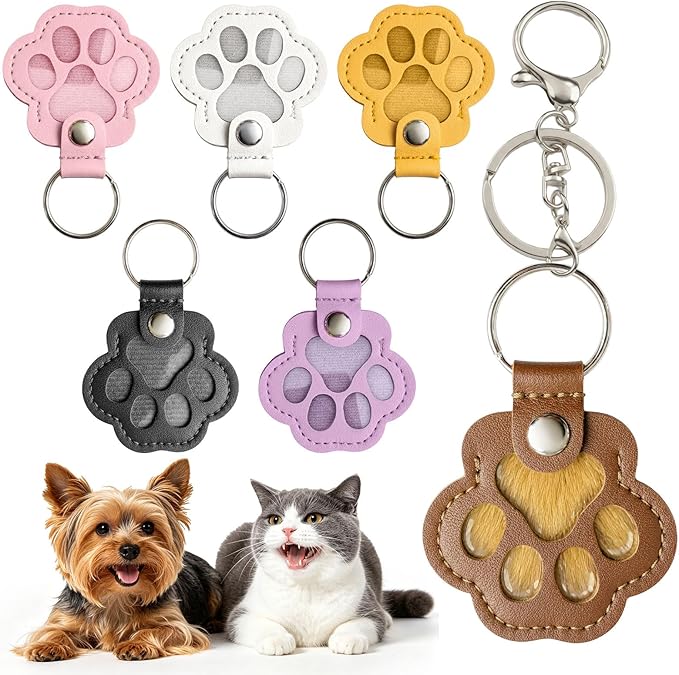 6 Pack Pet Fur Keepsake Keychain, Paw Shaped Leather Cat & Dog Hair Keepsake, Dog Hair Storage Cat Fur Collector Sympathy Memorial Gift for Loss of Pets, Pet Lover Commemorative Keyring