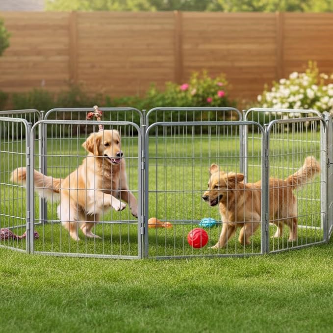 Dog Play Pen for Outdoor Use - 32'', 8 Panels for Small and Medium Size Dogs - Portable Playpen Pet Fence for RV, Camping, and Yard - Heavy Duty Kennel w/Grey Rust Resistant Coating