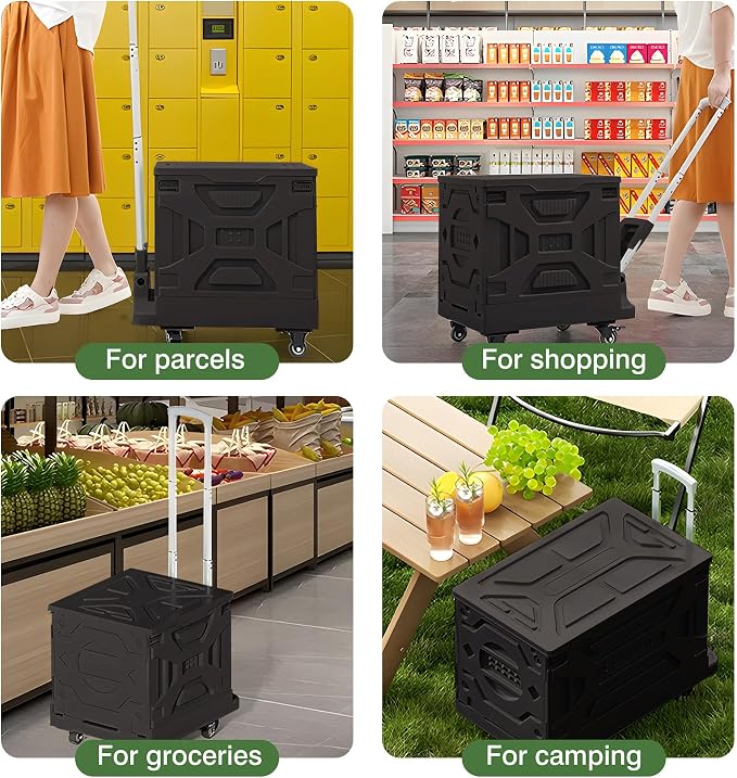 VECELO 16 GAL 2-in-1 Foldable Shopping Cart, Collapsible Utility Cart with Adjustable Handle & 360° Wheels, Dual-Mode Rolling Crate (Basket/Flatbed) for Groceries, Camping, Compact Storage, Black
