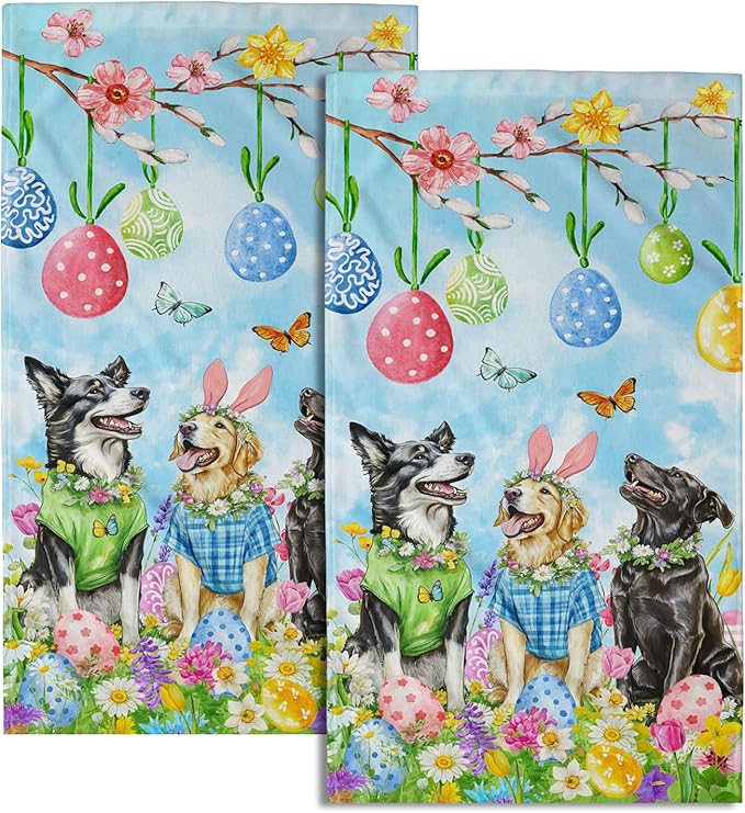Giwawa Easter Dog Hand Towel Set of 2 Colorful Eggs Hunt Towel Spring Floral Funny Puppy Quick Drying Soft Dish Wash Tea Bar Cloth Decoration for Hotel Bathroom Gym Home