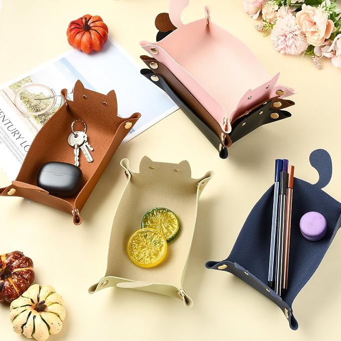 Craftdady 4 PCS Foldable Blue Valet Tray Cute Cat-Shaped Catch All Trays
