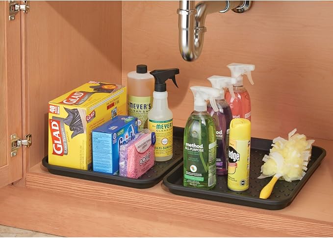 iDesign Plastic Under Sink Mat Tray for Kitchen Cabinet, Bathroom, Entryways, Office, Mudroom, College Dorm, (Set of 2), 17" X 13" X 2", Black | For Kitchen Cabinet, Bathroom, Entryways, Office, Mudroom