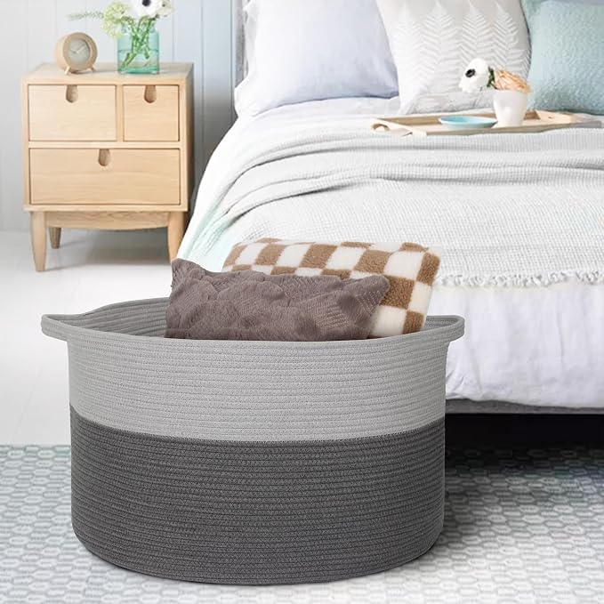 MEGASKET Extra Large Rope Basket, XXXL Woven Storage Basket, Large Blanket Storage for Living Room, Kids Room Toy Organizer Bin, Dog Toy Stuffed Animal Basket, Pillow Throw Blanket Holder, 22"x14"