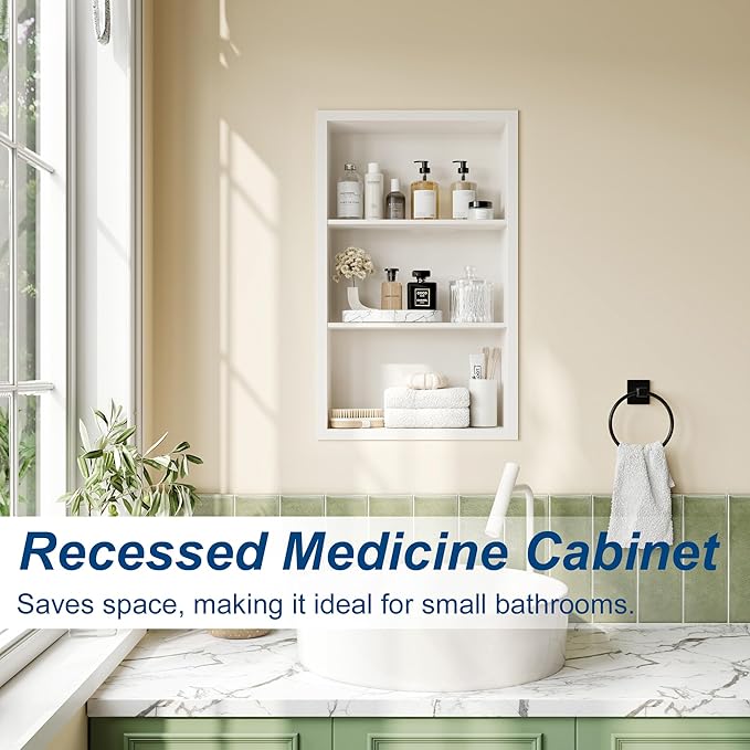 Qeke 14x 24 Medicine Cabinet Recessed with 3-Tiers Shelves, Matte White | 304 Stainless Steel Medicine Cabinet without Mirror, No Tile Needed Wall Niche for Bathroom Storage, Space Saving & Durable