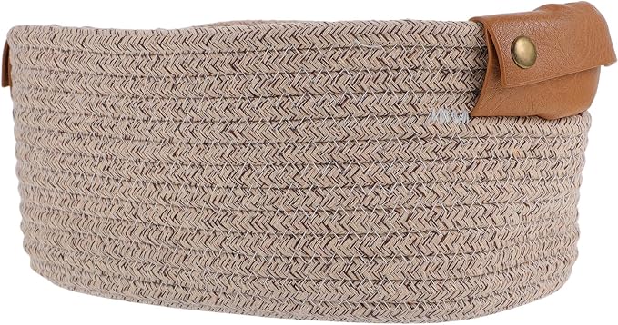 Baluue Small Woven Nursery Basket with Leather Handle for Storage Lightweight Cotton Rope Basket for Bathroom Organizing and Home Decor