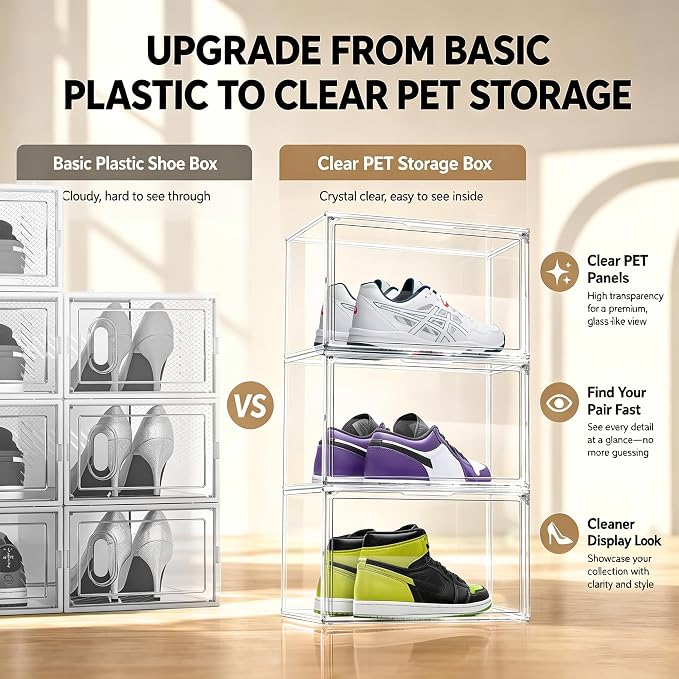 9 Pack Clear Acrylic Shoe Sneaker Boxes Fits Size 13, Wide Magnetic Door | Stackable shoe showcase for sneakers, high tops, large shoes, shoe collection display storage. Exterior 14.1 x 10.6 x 8.9 in