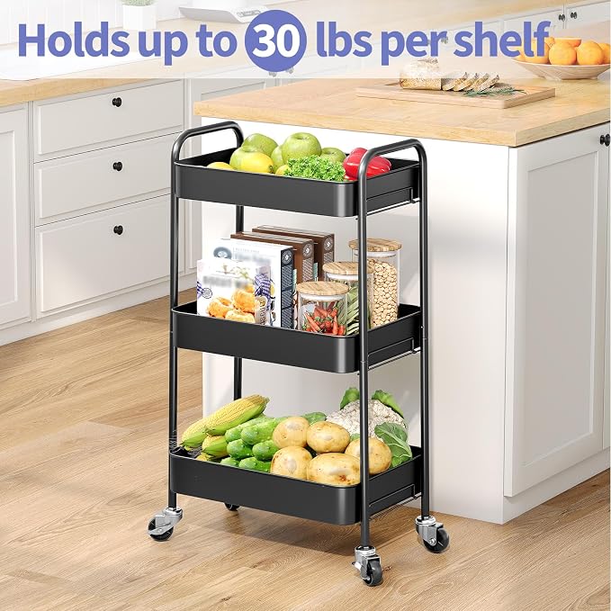 TOOLF 3 Tier Metal Rolling Cart, Utility Storage Cart with Wheels, Black | Screwless Assembly, Lockable Metal Wheels, Trolley Organizer for Bathroom, Kitchen, Office, Dorm, Laundry, Craft Room