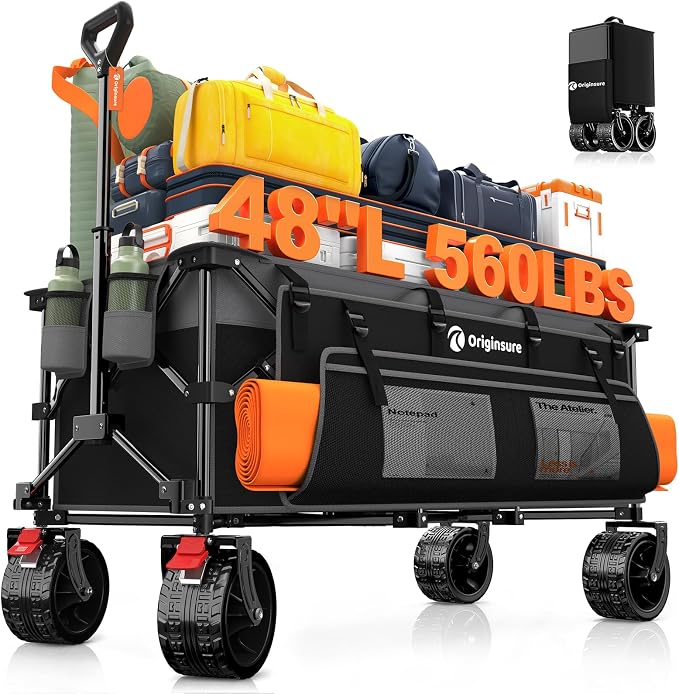 Originsure 300L Beach Wagon Cart Foldable with Big Wheels,560lbs,Grey&Black | 48" Folding Utility Wagon,7" All-Terrain Wheels,Heavy Duty Frame,Compact&Space-Saving,for Camping,Sports,Grocery,Garden
