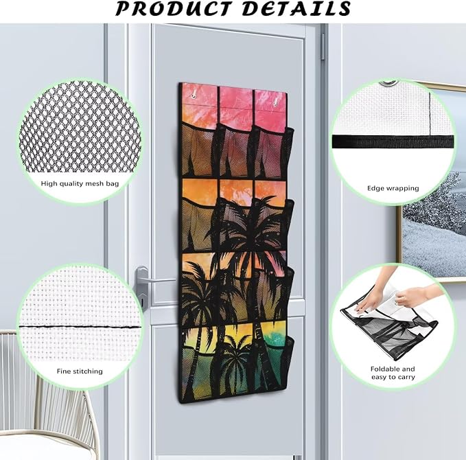 Coconut Trees Hanging Storage Bags,Shoe Organizer Door Hanger with 12 Mesh Large Pockets,Space Saver Hanging Shoe Storage Hanging Bag