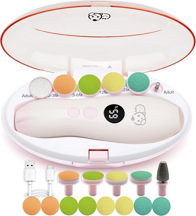 Royal Angels Rechargeable 22 in 1 Baby Nail Trimmer with LCD Display, Labeled Case, 13 Extra Pads, Safe Quiet LED Light Electric Baby Nail File Kit for Newborns Toddlers (WhitePink)