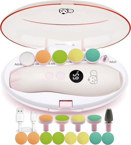 Royal Angels Rechargeable 22 in 1 Baby Nail Trimmer with LCD Display, Labeled Case, 13 Extra Pads, Safe Quiet LED Light Electric Baby Nail File Kit for Newborns Toddlers (WhitePink)