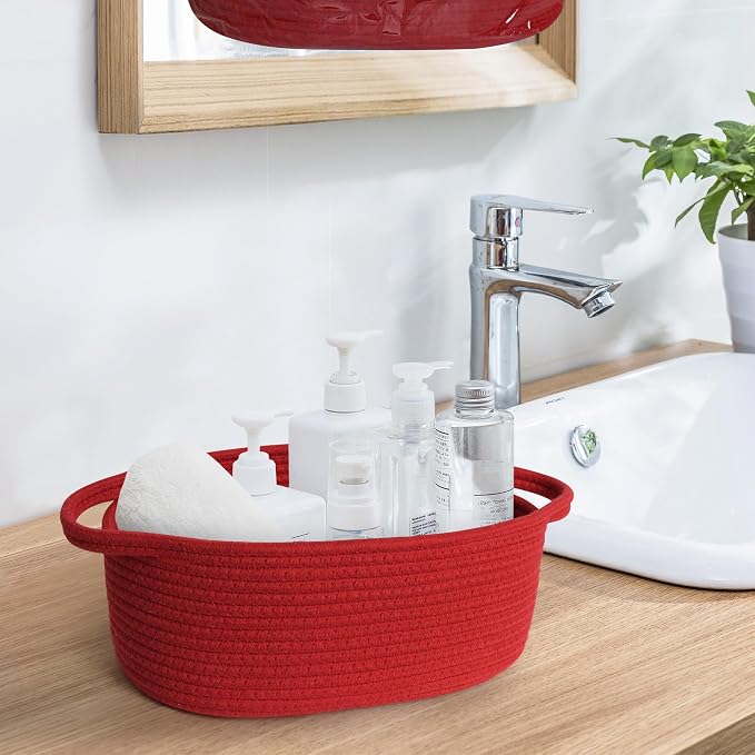 Red Woven Basket, 13" x 9" x 5" Baskets for Gifts Empty, Cute Cotton Rope Cat Dog Toy Bin Box, Small Woven Bin for Organizing, Red Room Decor, Nursery Cloth Diaper Storage Organizer