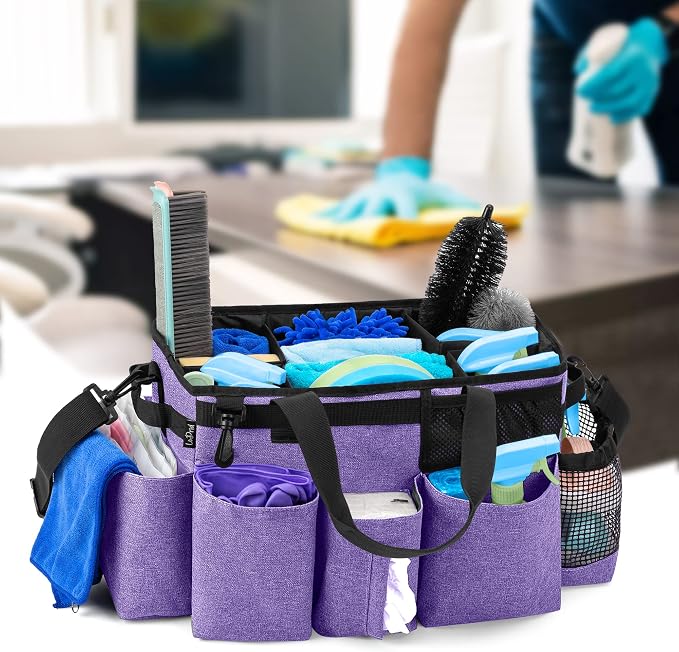 LoDrid Wearable Cleaning Caddy Bag with 4 Foldable Dividers, Purple | Cleaning Supply Organizer with Shoulder Strap and Side Handles for Cleaners & Housekeepers