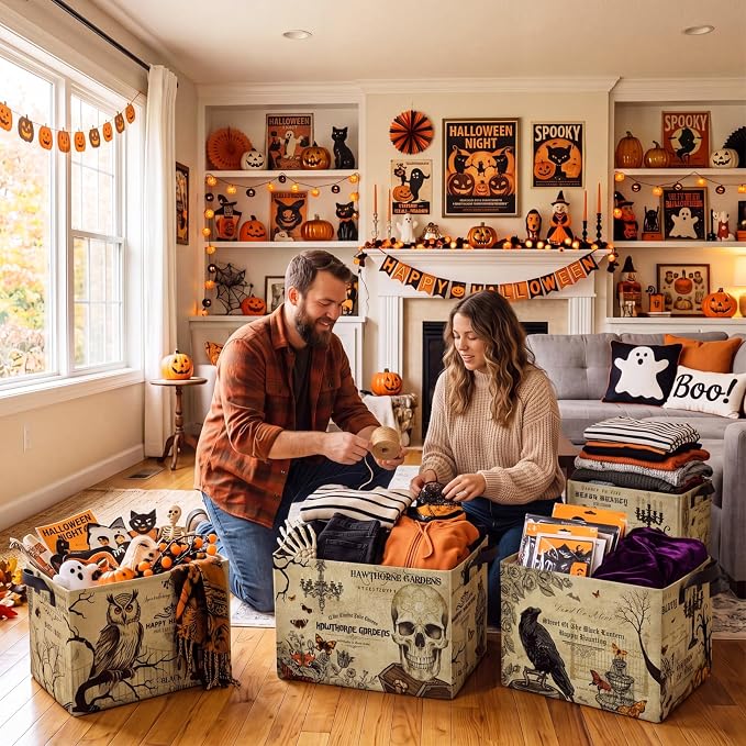 4 Pcs Vintage Halloween Storage Basket for Gifts Large Retro Gothic Themed Storage Bins with Handles 15 x 10 x 8 Fabric Laundry Baskets Halloween Collapsible Organizer Boxes for Home Cloth Toy
