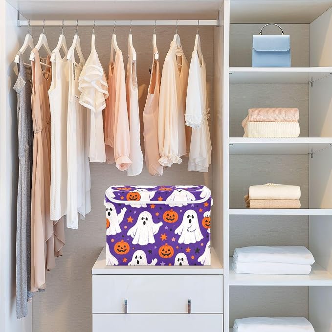 Halloween Ghost Storage Bins with Lids Closet Bedroom 40L Fabric Bin | Decorative Storage Boxes, Foldable & Stackable, Dust-Proof Flip Top, Reinforced Handles, For Home & Dorm, Clothes & Toy Box