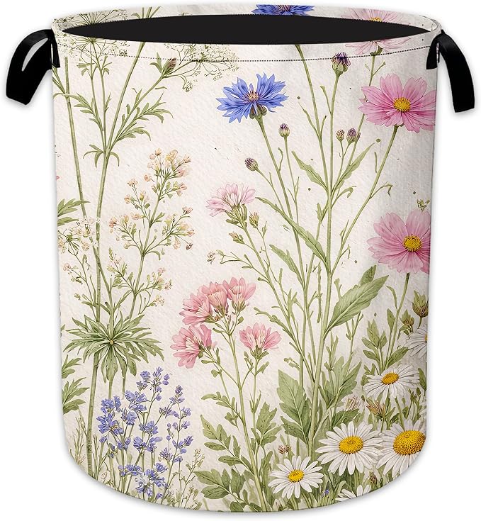 Flower Herbs Laundry Basket Oxford Cloth Wild Plant Laundry Hamper With Handle Foldable Portable Clothes Storage Basket Storage Bag For Laundry Room/Bathroom/Bedroom/Dormitory 20.8"x16"