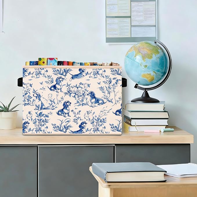 Blue Dachshund Storage Bin, Chinoiserie Toile Dog Fabric Basket Organizer | Foldable collapsible fabric organizer for nursery, bedroom, playroom, toys, books, clothes