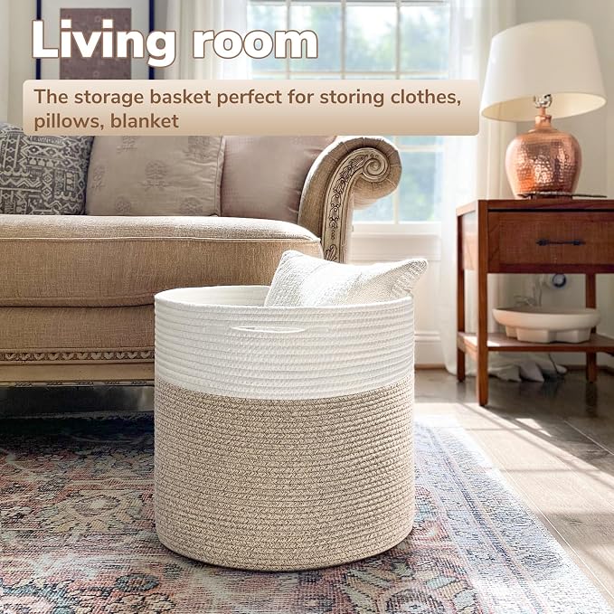 Goodpick Woven Rope Basket for Blankets Fit Nursery & Living Room, 45L | 15.8 x 15.8 x 13.8 In Storage Basket for Toys Shoes, Cute Baby Laundry Hamper for Towels, Clothes, Light Brown