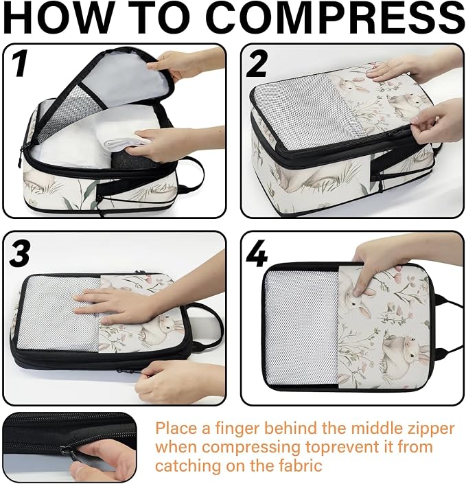 Bunnies Spring Flowers 6 Set Compression Packing Cubes | Travel Accessories Expandable Packing Organizers Space Saver Bags for Organizing Clothes