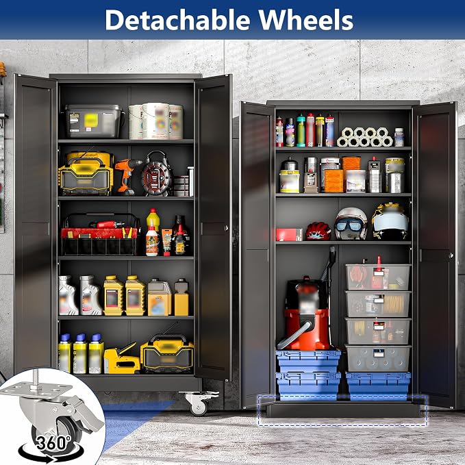 Ckzbx Metal Garage Storage Cabinet with Locking Doors and Adjustable Shelves,71" H Rolling Tool Storage with Wheels for Garage,Office (Black)