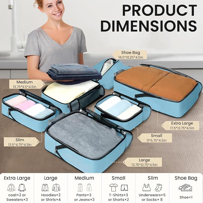 BAGAIL 4 Set/6 Set/8 Set Compression Packing Cubes Travel Accessories Expandable Packing Organizers (Half Mesh, 6-Dusty Blue)
