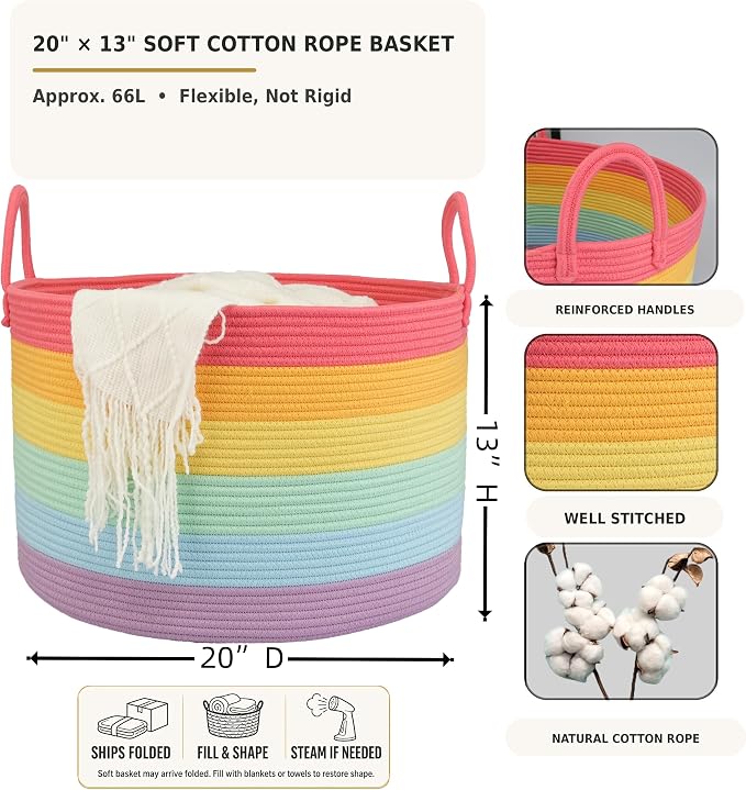 XUANGUO 66L Large Blanket Basket, Round Cotton Rope Basket, Rainbow | 20" x 13" Laundry Basket with Sturdy Handles for Blankets, Pillows and Toys; Storage for Living Room, Bedroom and Nursery