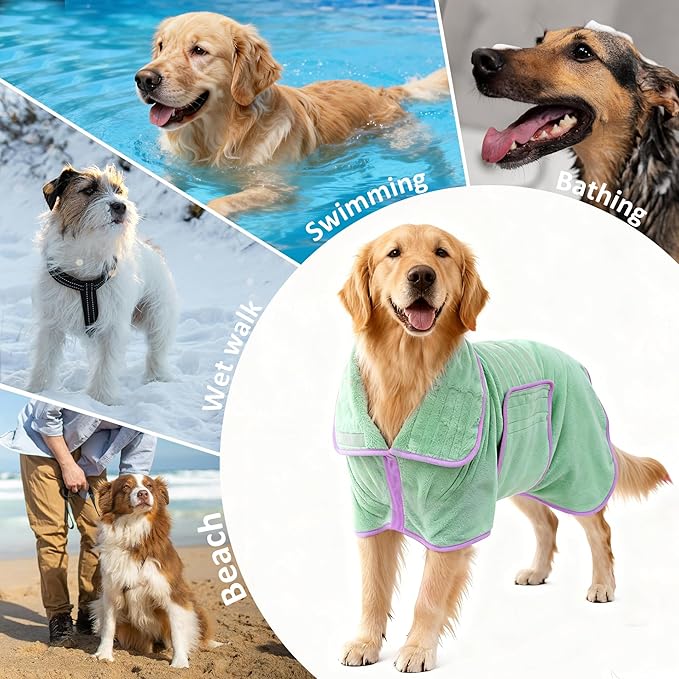Soft Dog Bathrobe Fast Drying Dog Coat, Super Absorbent Dog Towels for After Bath, Microfiber Pet Robe Adjustable Collar & Belly Warm Keeping Dogs Coat for Pet Dogs & Cats (Green, XX-Large)