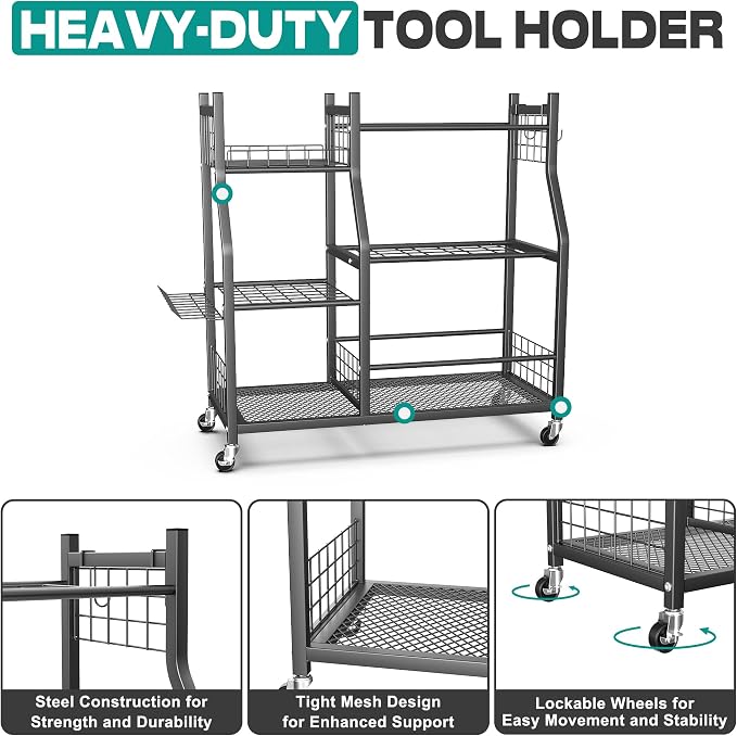 EVERHANGER Garden Tool Organizer Stand, Garage Tool Storage Organization | Yard Tool Racks with lockable wheels, Fit for Long-Handled Tools/Rakes/Brooms