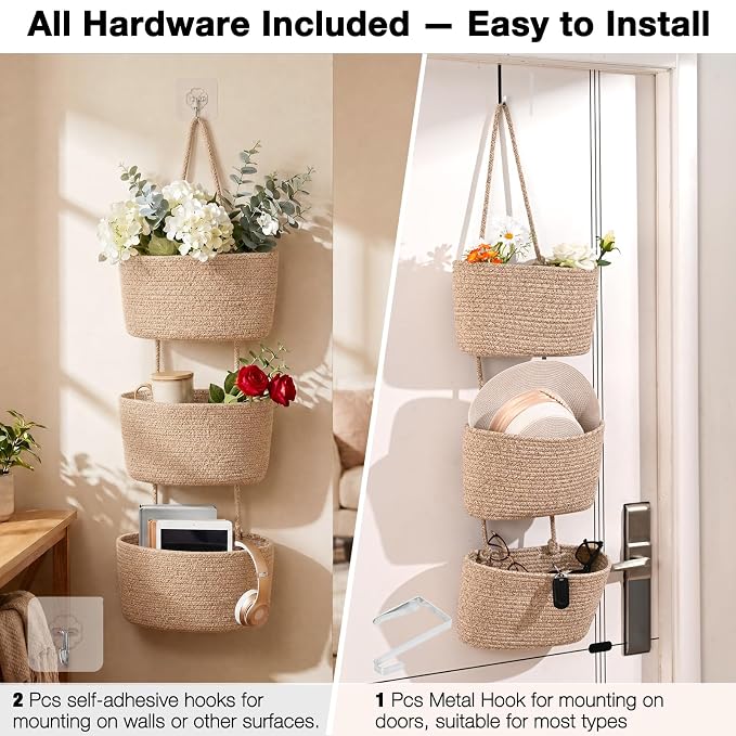 ICERZCZ Hanging Baskets for Organizing, Over the Door Decorative Storage Organizer, Nursery Decor Organization, 3-Tier Wall Basket for Entryway Playroom Bathroom Closet, Mixed Brown