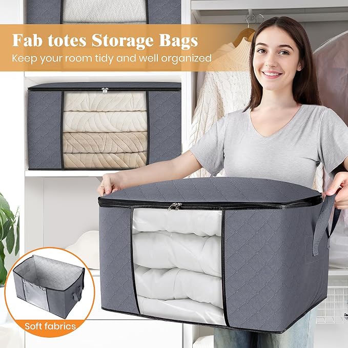 4 Pack Storage Bags for Clothes Blanket Storage Bins with Lids | Foldable Closet Organizers with Zippers,Window and Handles,Fabric Storage Bins for Sweater,Comforter,Bedding,Dorm essentials