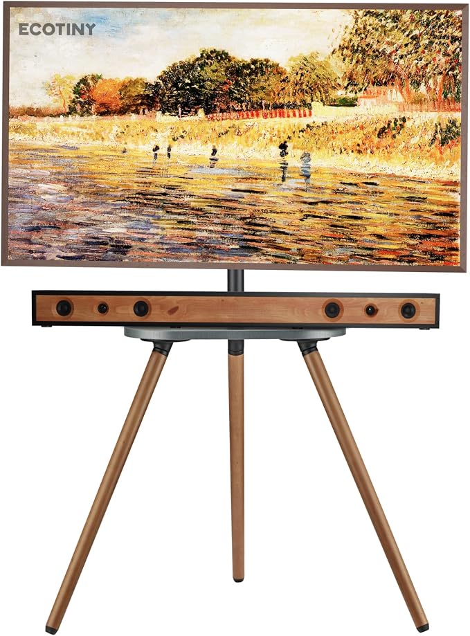 Tripod TV Stand for 43-65" TVs, Swivel, Black Walnut | Height-adjustable easel TV stand, wood media shelf, cable management and VESA up to 400x400