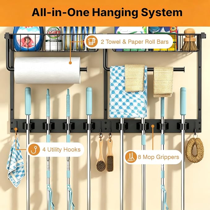 Broom Holder Wall Mount with Paper Towel Holder& Removable Anti-fall Basket | Broom and Mop Organizer Wall Mount Cleaning Supplies Organizer for Laundry Room, Apartment, Utility Room