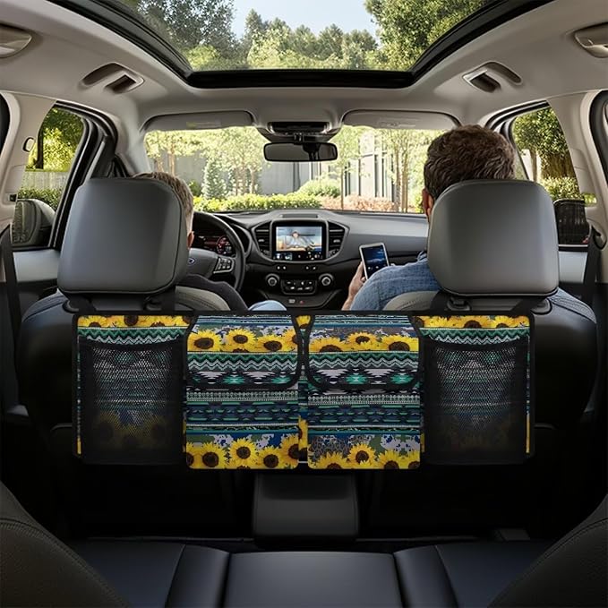 Dreaweet Sunflower Aztec Trunk Organizer for Car Women Green Back Seat Hanging Organizer with 4 Pockets Portable Collapsible Trunk Organizer for SUV Sedan Van Car Storage Accessories Interior